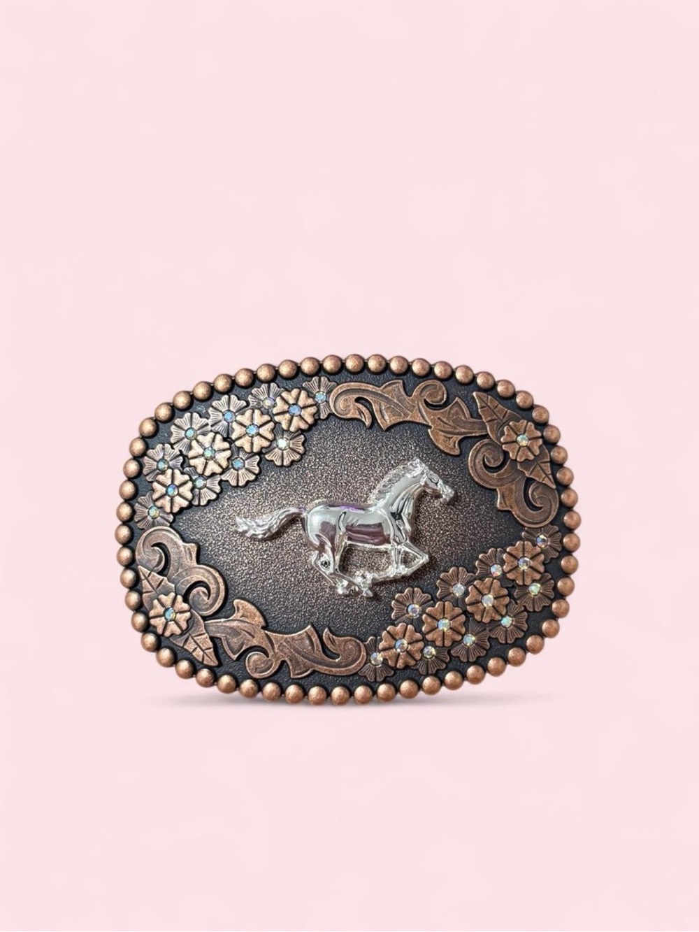 Western Horse Floral Oval Belt Buckle - Bronze and Silver